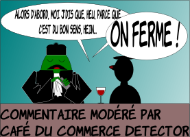 Maitre Eolas est en train d'essuyer un verre derrière le zinc. De l'autre côté du comptoir, un homme visiblement aviné, béret sur la tête, le nez rouge et un verre de vin posé devant lui, affirme “Parce que moi j'dis, heu, c'est du bon sens, hein…” est interrompu par maître Eolas qui s'écrie : “ON FERME !” En dessosu de l'image, on peut lire «Commentaire modéré par Café du Commerce Detector™»