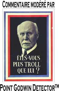Le portrait du Maréchal de 1943 regarde l'internaute avec défi. Au-dessous, ce slogan : «Êtes-vous plus troll que lui ?» L'image est encadrée par la mention « Commentaire modéré par Point Godwin Detector™»