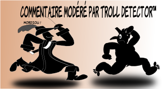 Gascogne, en robe de magistrat avec un chapeau et des bottes de mousquetaire poursuit une rapière à la main un Troll qui s'enfuit effrayé ; Un texte 'Commentaire modéré par troll détector(tm)' surplombe l'image.