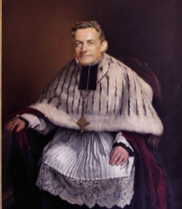 Photomontage montrant un chanoine en grande tenue : colleret d'hermine, croix pectorale, et chasuble, avec la tête de Nicolas Sarkozy