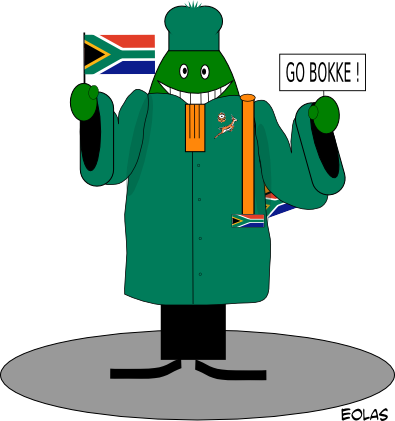 Maitre Eolas en robe verte aux couleurs des springboks, épitoge orange terminée par le drapeau sud africain, avec dans sa main gauche un drapeau sud africain et dans sa main droite une pancarte GO BOKS ! Il affiche un grand sourire.