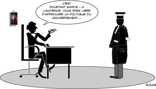 Dans le bureau du garde des sceaux, Rachida Dati, assise, fait face à un procureur, debout. D'une attitude décontractée, elle lui dit : « C'est pourtant simple : à l'audience, vous êtes libre d'approuver la politique du gouvernement... »