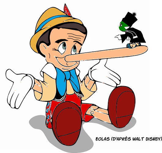 Éric Besson est en Pinochio, son nez ayant poussé à cause des mensonges qu'il a osé proférer (M. Besson est de ceux qui osent tout). Sur son nez, tel Jiminy Cricket, Maître Eolas le tance vertement.